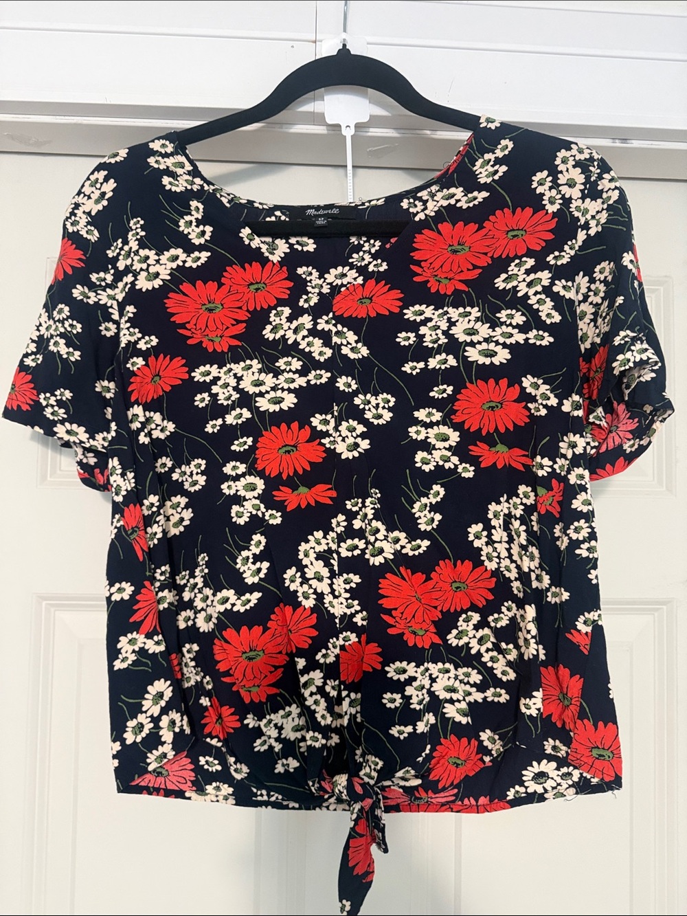 Madewell Black Floral Tie-Front Crop Top with Red & Cream Blooms